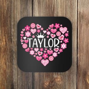 Taylor First Name I Love Taylor Girl Groovy 80s Pink White Coaster