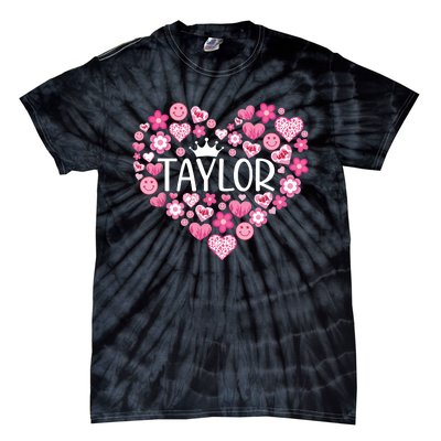 Taylor First Name I Love Taylor Girl Groovy 80s Pink White Tie-Dye T-Shirt