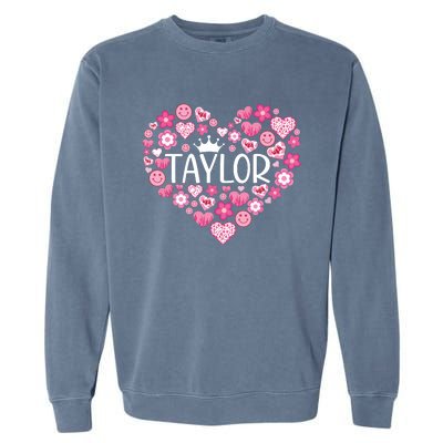 Taylor First Name I Love Taylor Girl Groovy 80s Pink White Garment-Dyed Sweatshirt