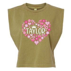 Taylor First Name I Love Taylor Girl Groovy 80s Pink White Garment-Dyed Women's Muscle Tee