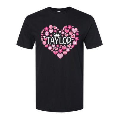 Taylor First Name I Love Taylor Girl Groovy 80s Pink White Softstyle CVC T-Shirt