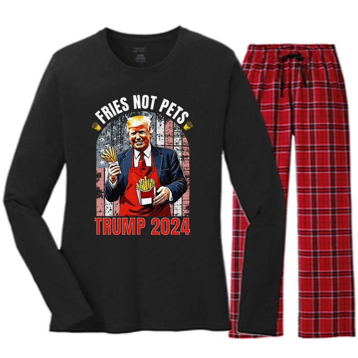 Trump Fries Not Pets 2024 Makes Fries Great Again Funny Don Women's Long Sleeve Flannel Pajama Set 