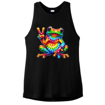 Tiedye Frog Peace Sign Hippie Ladies PosiCharge Tri-Blend Wicking Tank