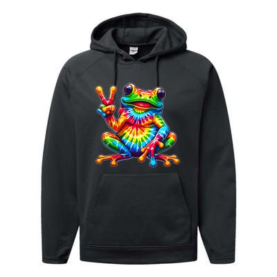 Tiedye Frog Peace Sign Hippie Performance Fleece Hoodie