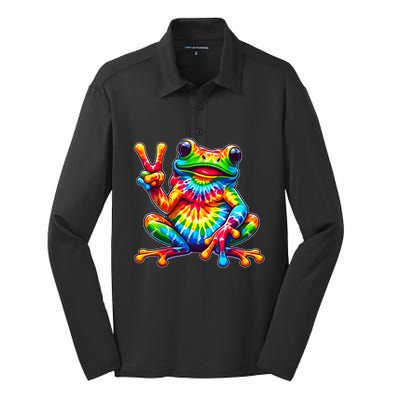 Tiedye Frog Peace Sign Hippie Silk Touch Performance Long Sleeve Polo