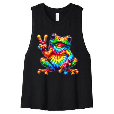 Tiedye Frog Peace Sign Hippie Women's Racerback Cropped Tank