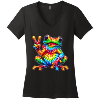 Tiedye Frog Peace Sign Hippie Women's V-Neck T-Shirt