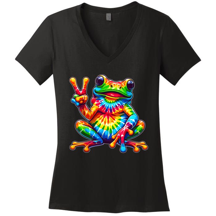 Tiedye Frog Peace Sign Hippie Women's V-Neck T-Shirt