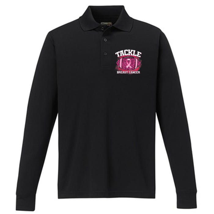 Tackle Football Pink Ribbon Breast Cancer Awareness Performance Long Sleeve Polo