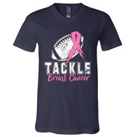 Tackle Football Pink Ribbon Breast Cancer Awareness V-Neck T-Shirt