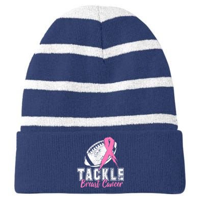 Tackle Football Pink Ribbon Breast Cancer Awareness Striped Beanie with Solid Band