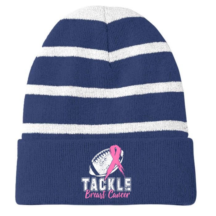 Tackle Football Pink Ribbon Breast Cancer Awareness Striped Beanie with Solid Band