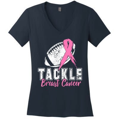 Tackle Football Pink Ribbon Breast Cancer Awareness Women's V-Neck T-Shirt