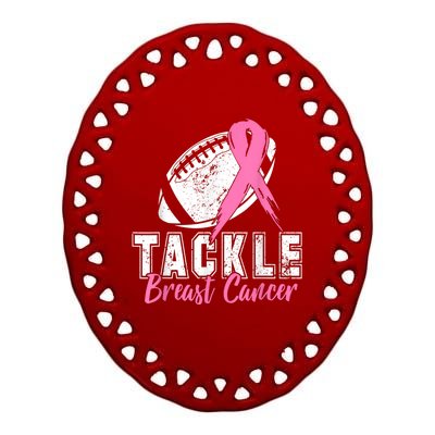 Tackle Football Pink Ribbon Breast Cancer Awareness Ceramic Oval Ornament