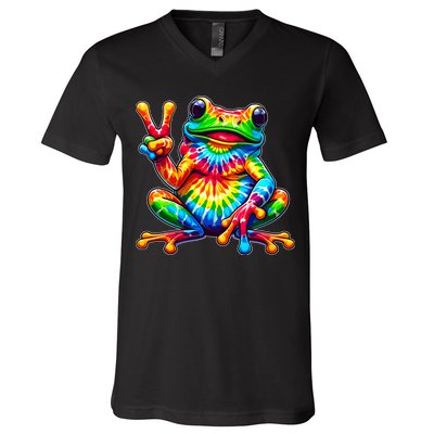 Tiedye Frog Peace Sign Hippie V-Neck T-Shirt
