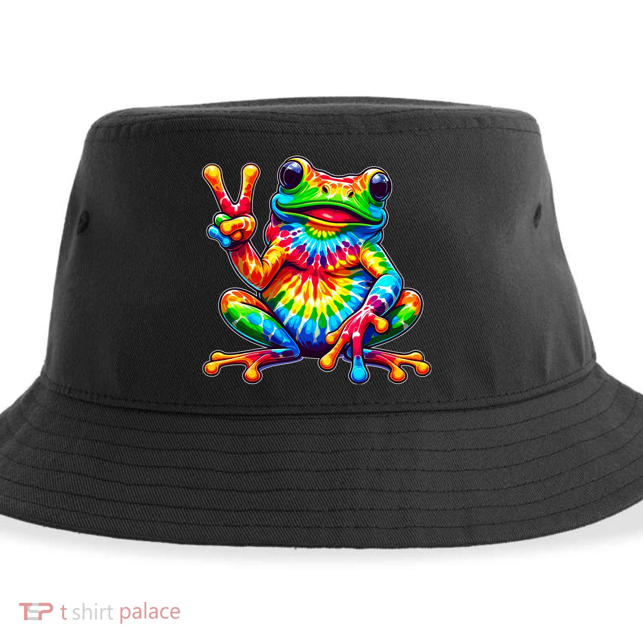 Tiedye Frog Peace Sign Hippie Sustainable Bucket Hat