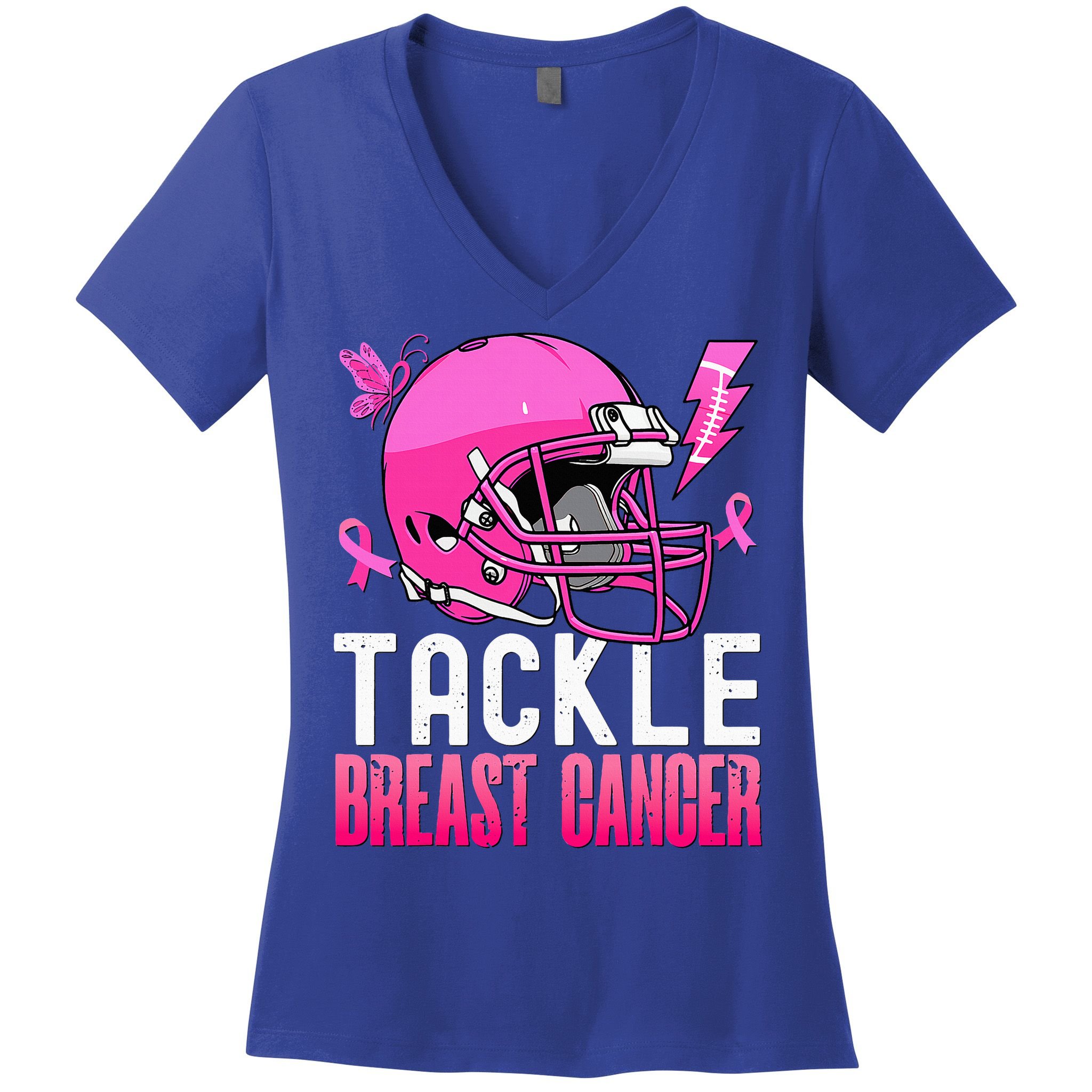 Tackle Football Pink Ribbon Breast Cancer Awareness Women's V-Neck T-Shirt