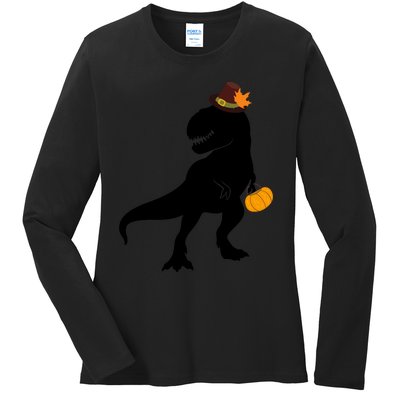 Thanksgiving Funny Pilgrim Dinosaur Boy Grey Raglan Design Funny Thanksgi Ladies Long Sleeve Shirt