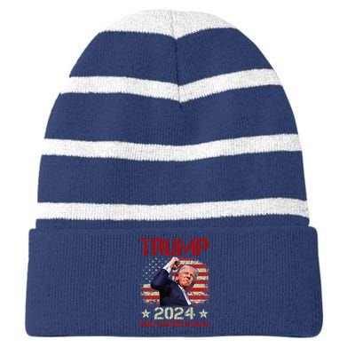 Trump Fist Pump Shot At Trump 2024 Trump Survives Rally Striped Beanie with Solid Band