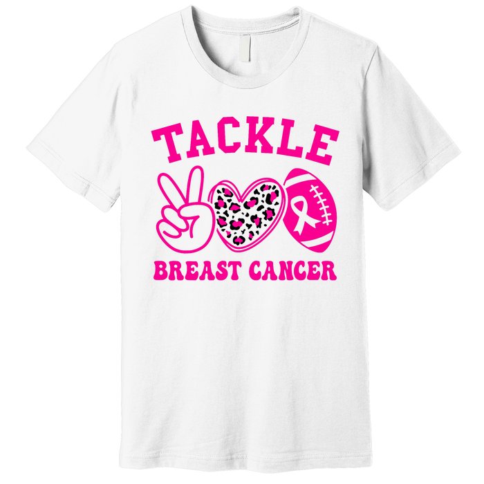 Tackle Football Peace Love Football Pink Breast Cancer Premium T-Shirt