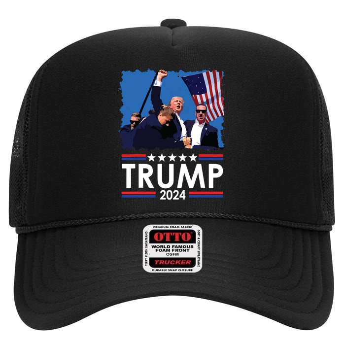 Trump Fist Pump Shot At Trump 2024 Trump Survives Rally High Crown Mesh Back Trucker Hat