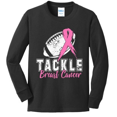 Tackle Football Pink Ribbon Breast Cancer Awareness Kids Long Sleeve Shirt