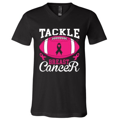 Tackle Football Pink Ribbon Breast Cancer Awareness V-Neck T-Shirt