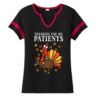 Thankful For Patients Turkey Nurse Thanksgiving Fall Scrub Ladies Halftime Notch Neck Tee