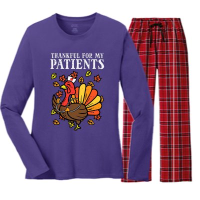 Thankful For Patients Turkey Nurse Thanksgiving Fall Scrub Women's Long Sleeve Flannel Pajama Set 