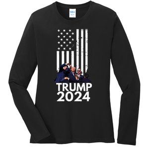 Trump Fist Pump American Flag 2024 Ladies Long Sleeve Shirt