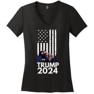 Trump Fist Pump American Flag 2024 Women's V-Neck T-Shirt