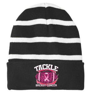 Tackle Football Pink Ribbon Breast Cancer Awareness Striped Beanie with Solid Band