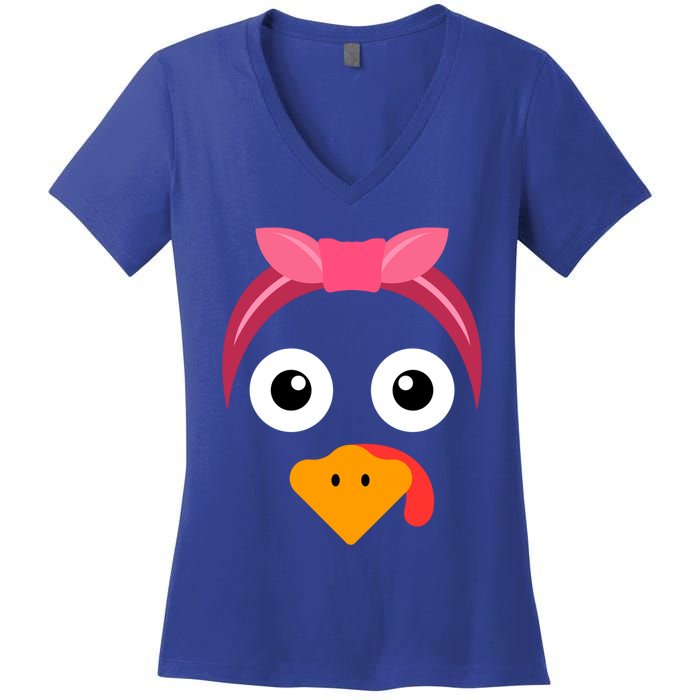 Turkey Face Pink Headband Running Pilgrim Trot Thanksgiving Gift Women's V-Neck T-Shirt