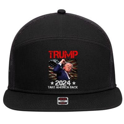 Trump Fist Pump Shot At Trump 2024 Trump Survives Rally 7 Panel Mesh Trucker Snapback Hat