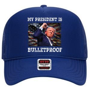 Trump Fist Pump Shot At Trump 2024 Trump Survives Rally High Crown Mesh Back Trucker Hat