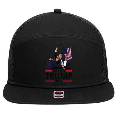 Trump Fist Pump Shot At Trump 2024 Trump Survives Rally 7 Panel Mesh Trucker Snapback Hat