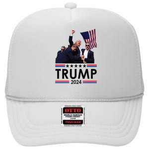 Trump Fist Pump Shot At Trump 2024 Trump Survives Rally High Crown Mesh Back Trucker Hat