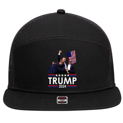 Trump Fist Pump Shot At Trump 2024 Trump Survives Rally 7 Panel Mesh Trucker Snapback Hat