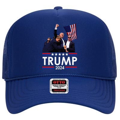 Trump Fist Pump Shot At Trump 2024 Trump Survives Rally High Crown Mesh Back Trucker Hat