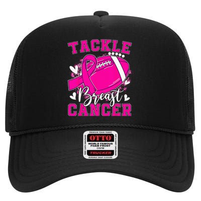 Tackle Football Pink Ribbon Breast Cancer Awareness Kids High Crown Mesh Back Trucker Hat