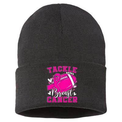 Tackle Football Pink Ribbon Breast Cancer Awareness Kids Sustainable Knit Beanie