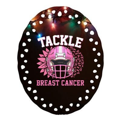 Tackle Football Pink Ribbon Breast Cancer Awareness Ceramic Oval Ornament