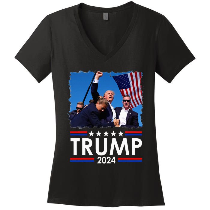 Trump Fist Pump Shot At Trump 2024 Trump Survives Rally Women's V-Neck T-Shirt