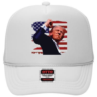 Trump Fist Pump Shot A Trump 2024 Trump For President High Crown Mesh Back Trucker Hat