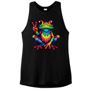 Tiedye Frog Peace Sign Hippie Ladies PosiCharge Tri-Blend Wicking Tank