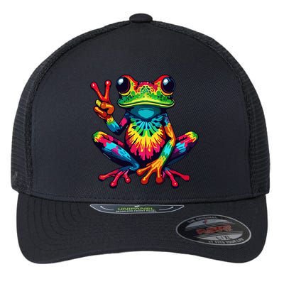 Tiedye Frog Peace Sign Hippie Flexfit Unipanel Trucker Cap
