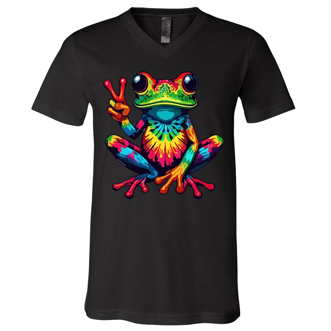 Tiedye Frog Peace Sign Hippie V-Neck T-Shirt