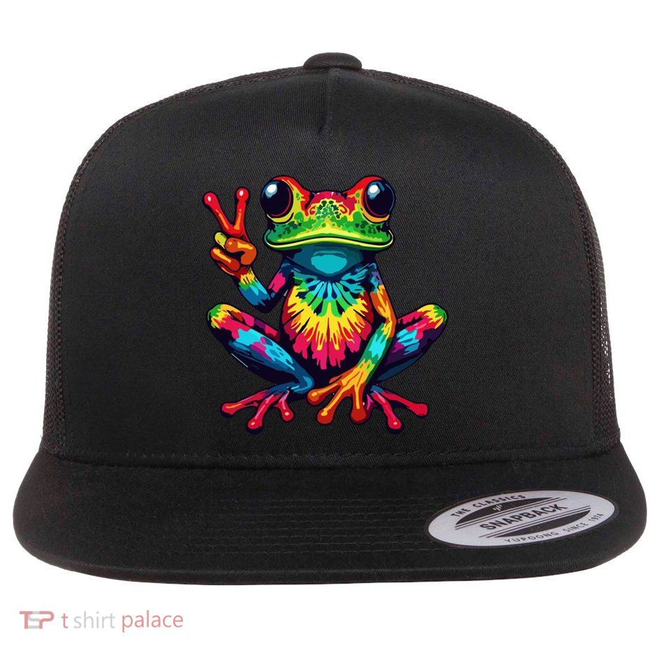Tiedye Frog Peace Sign Hippie Flat Bill Trucker Hat