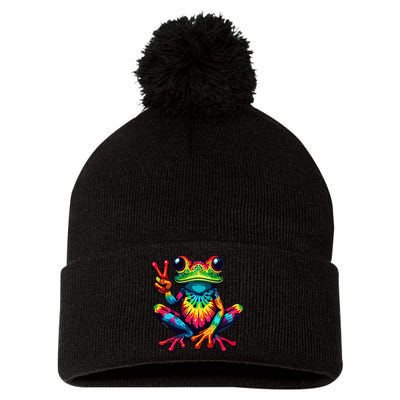 Tiedye Frog Peace Sign Hippie Pom Pom 12in Knit Beanie