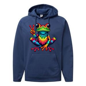 Tiedye Frog Peace Sign Hippie Performance Fleece Hoodie